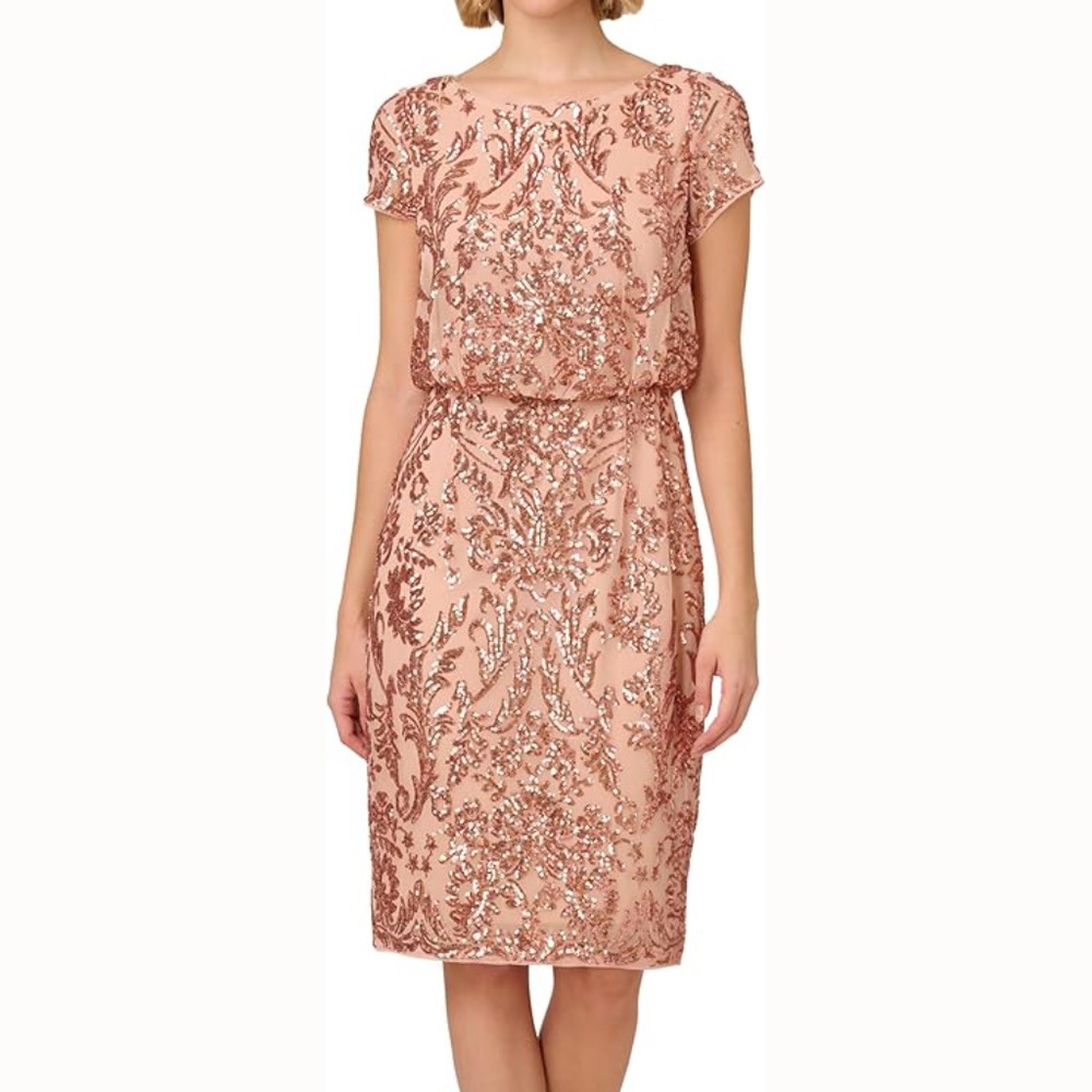 Adrianna Papell Studio‎  | Rose Gold Sequin Short Sleeve Midi Dress